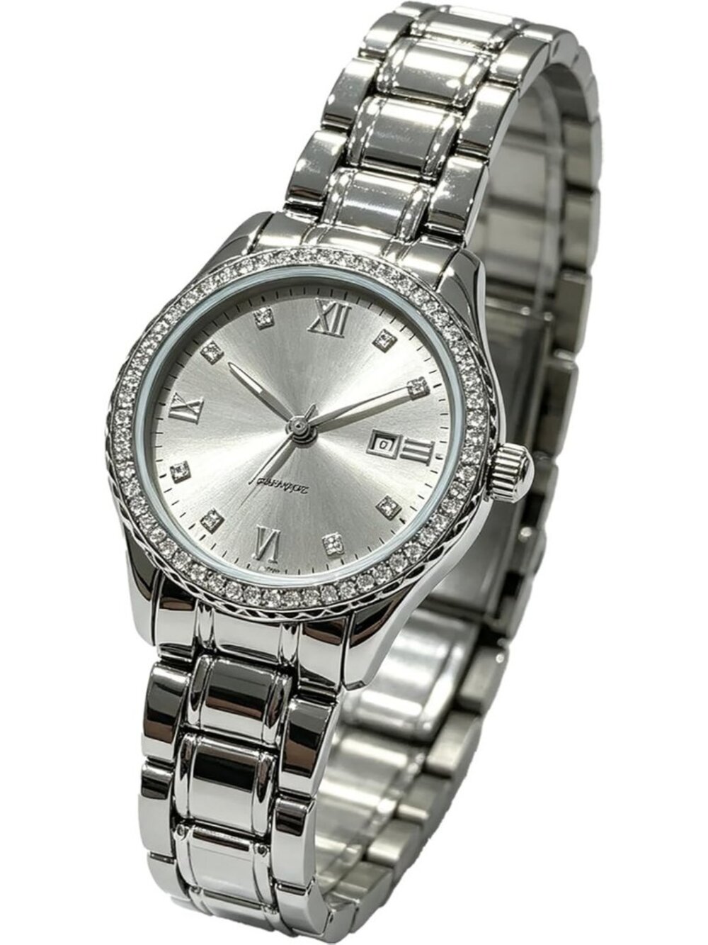 Women's Silver Stainless Steel Bracelet Rhinestone Bezel Crystal Analog Watches